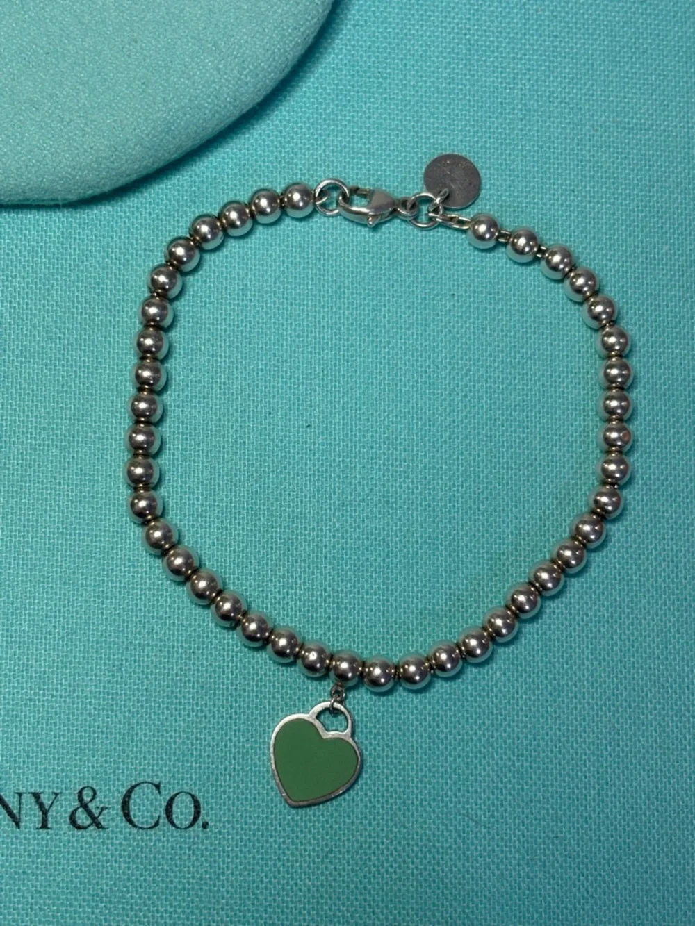 Authentic Tiffany & Co. 4mm Bead Bracelet with Mini Blue Heart Charm - Picture 2 of 6